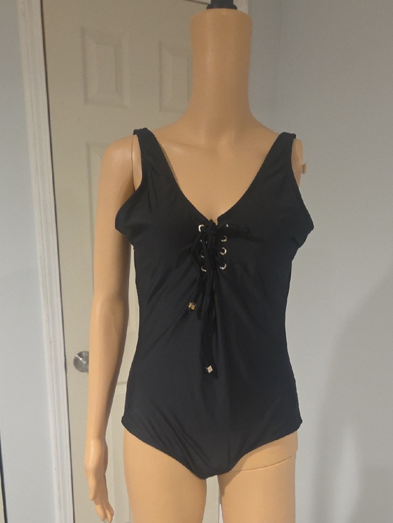 Jones New York Other - Jones New York Black Lace-Up V-Neck One-Piece Swimsuit with Gold-Tip Ties